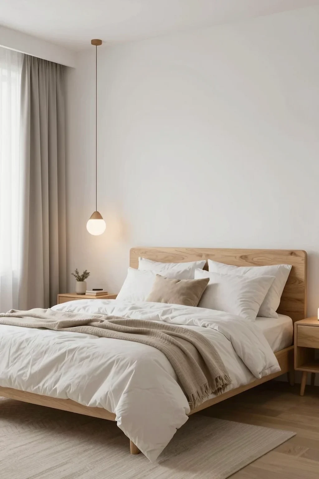 Scandinavian cozy bedroom with light wood furniture and soft neutral decor.