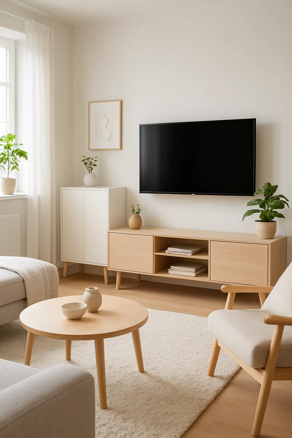 Scandinavian TV cabinet with light wood finishes, white cabinetry, and cozy décor