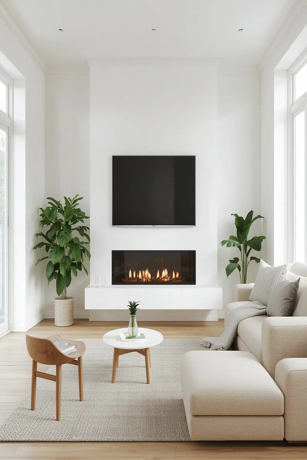 Scandinavian living room with electric fireplace, TV wall, and light wood accents