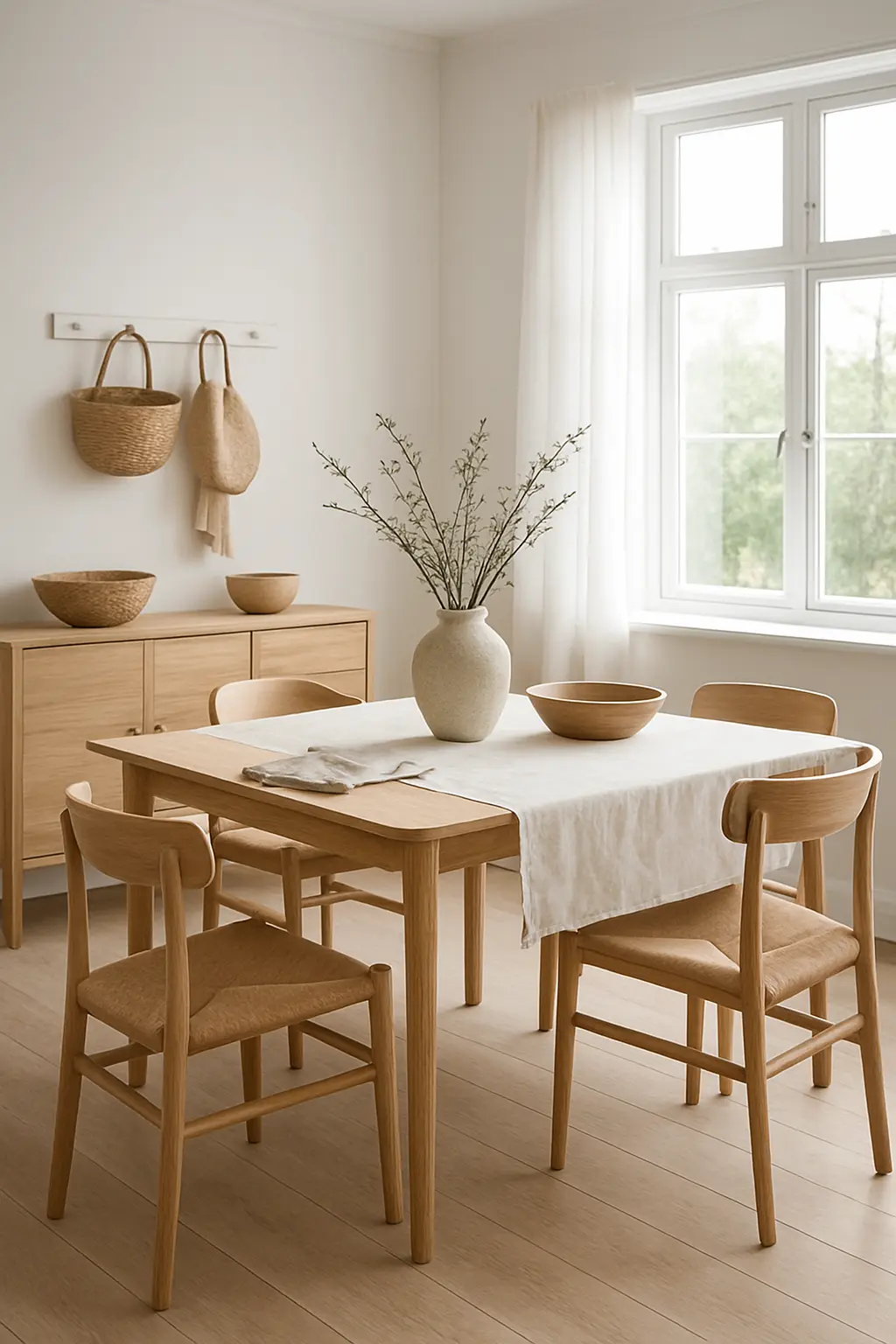 Scandinavian rustic dining room with light wood furniture, white walls, and minimalist decor