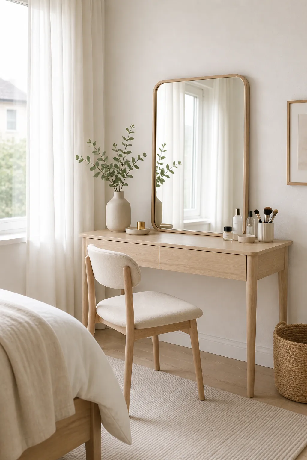 Minimal Scandinavian vanity with wooden furniture