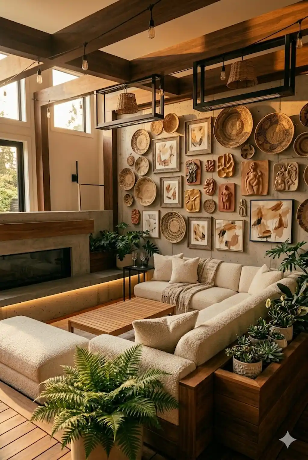 Artistic gallery wall with sculptural decor and woven wall accents