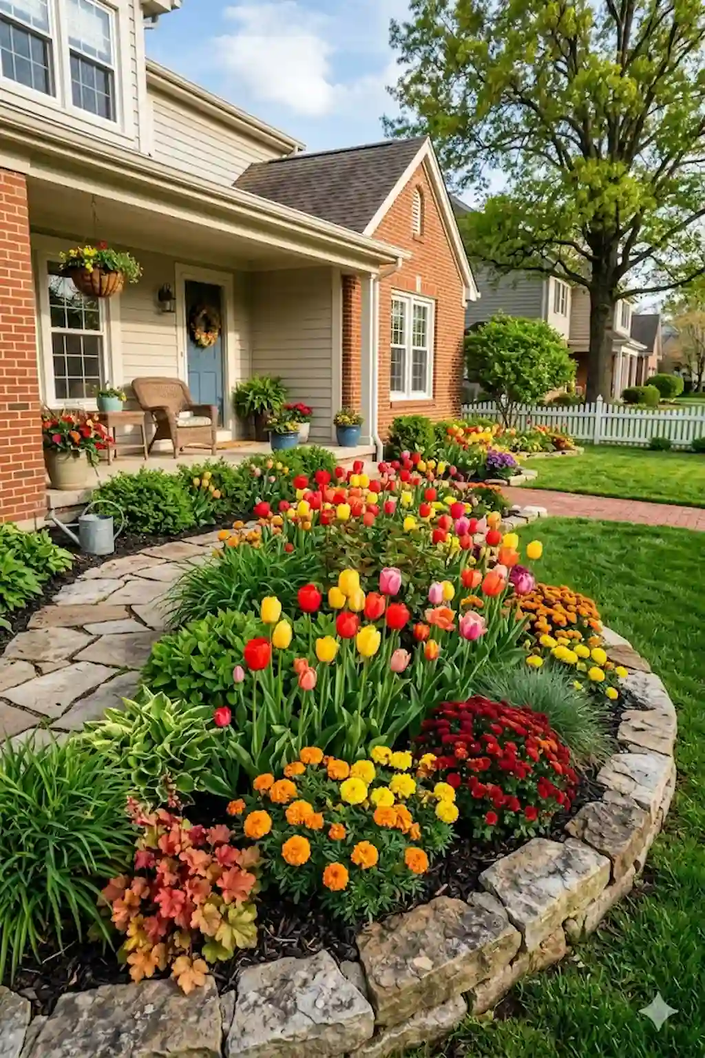 Seasonal front yard flower bed with colorful blooming flowers
