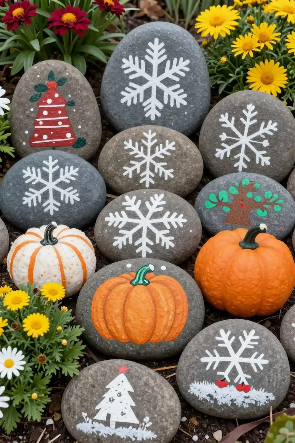 Decorative painted rocks featuring seasonal holiday designs for year-round decor