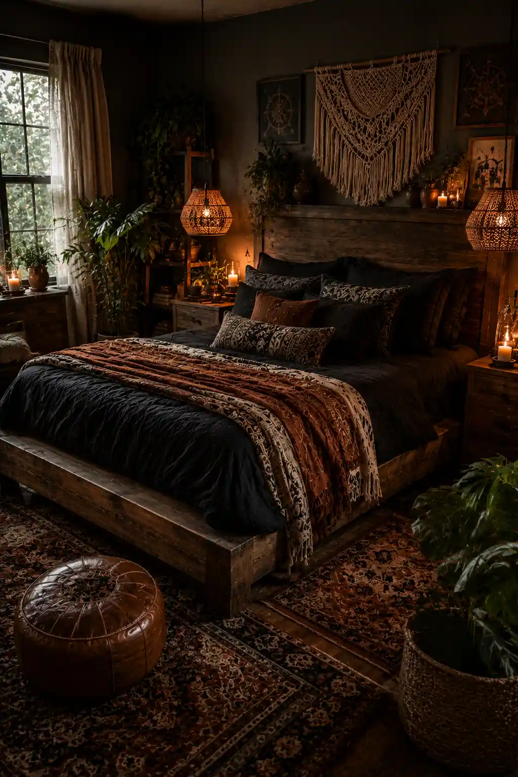 Boho bedroom with wooden bed frame and earthy design