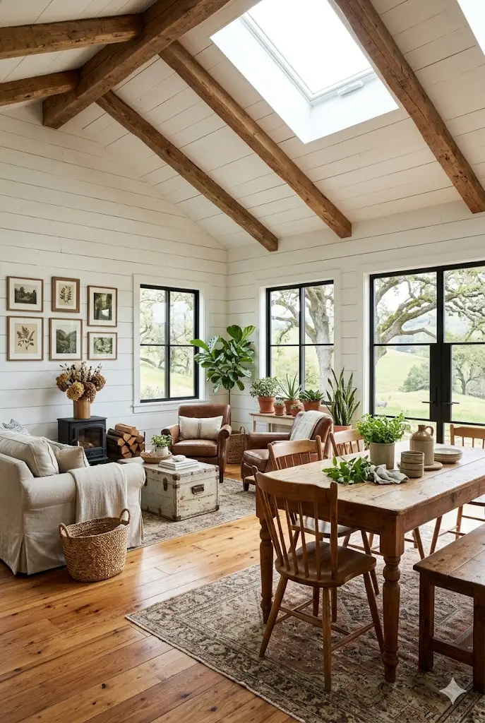 Ranch home interior with white shiplap walls