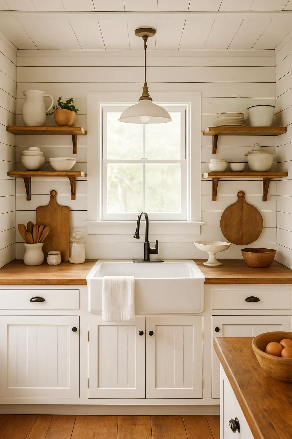 Rustic farmhouse kitchen with shiplap walls