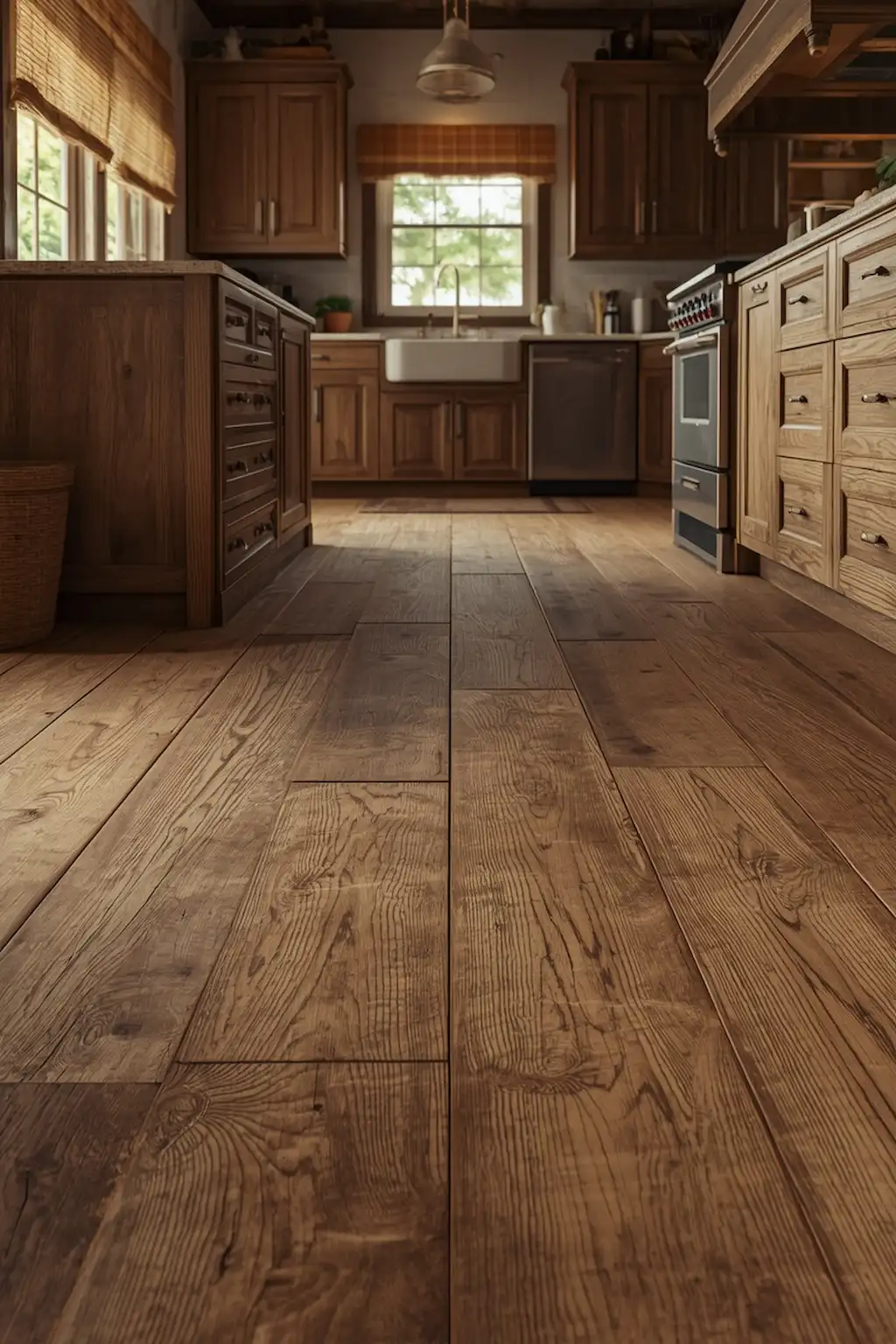 Rustic kitchen with wide plank wood floors