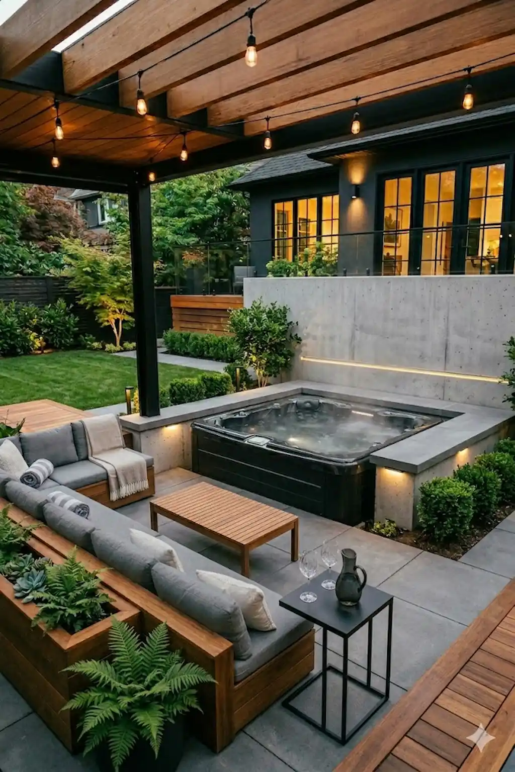 Simple cozy backyard hot tub with natural textures and warm lighting