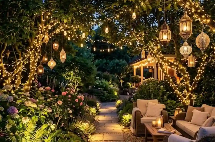Beautiful garden illuminated with pathway lights, string lights, lanterns, and landscape lighting creating a magical nighttime atmosphere