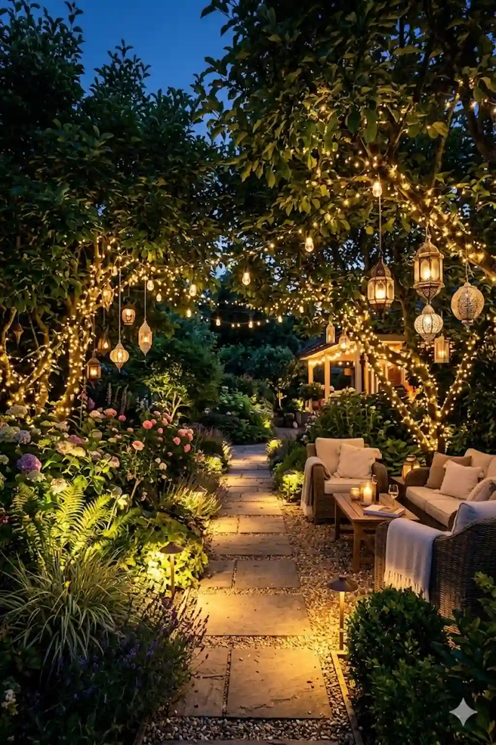 Beautiful garden illuminated with pathway lights, string lights, lanterns, and landscape lighting creating a magical nighttime atmosphere
