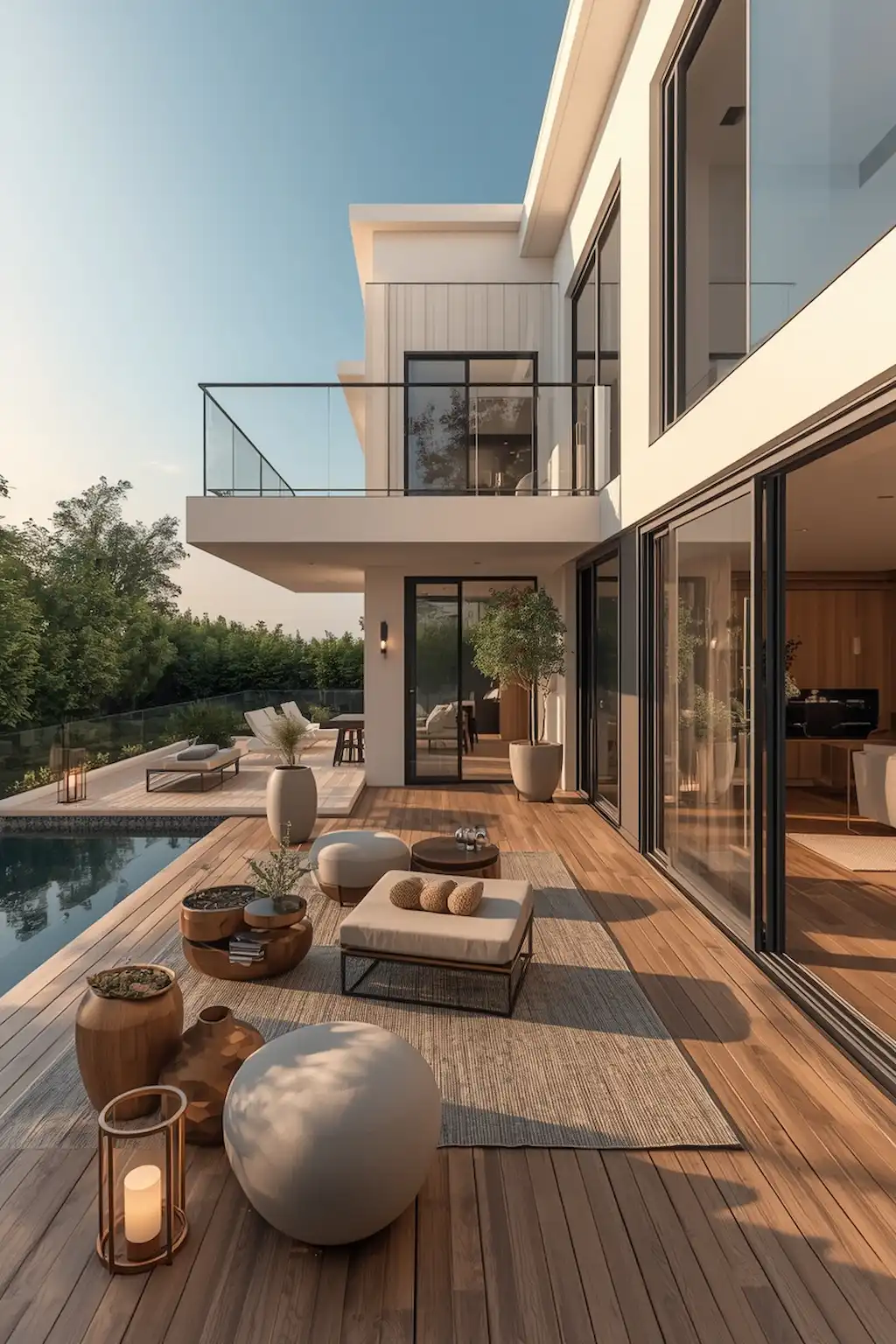 Sleek aluminum railings on a modern backyard deck