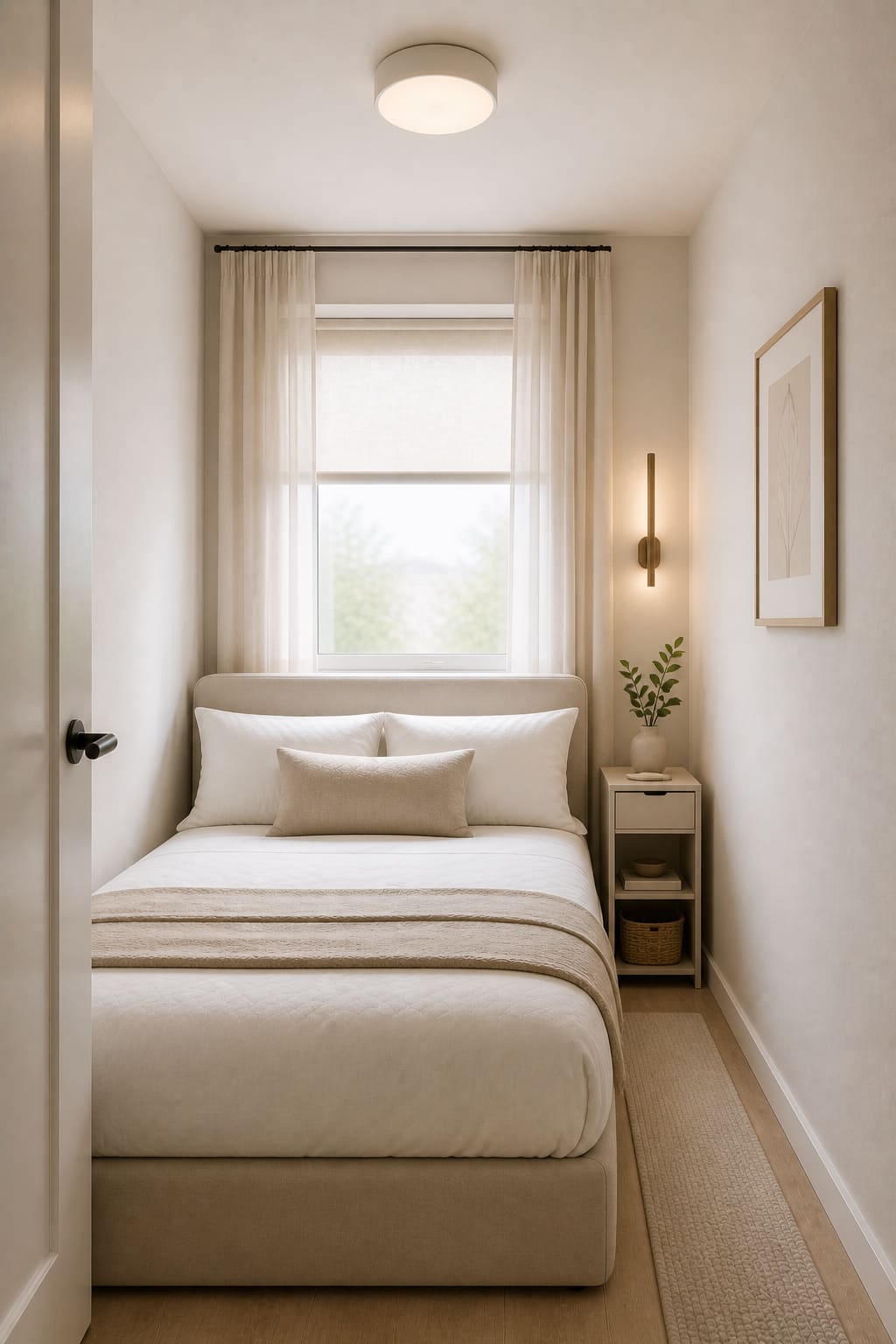Small bedroom with slim and compact furniture
