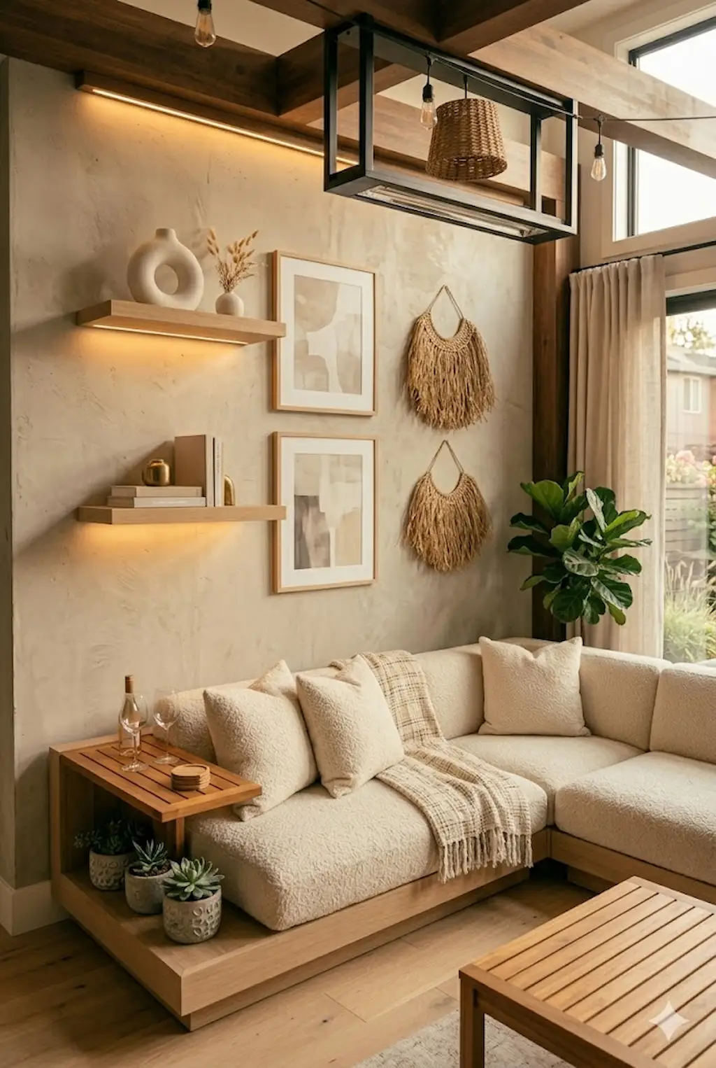 Small apartment living room with compact gallery wall and cozy decor