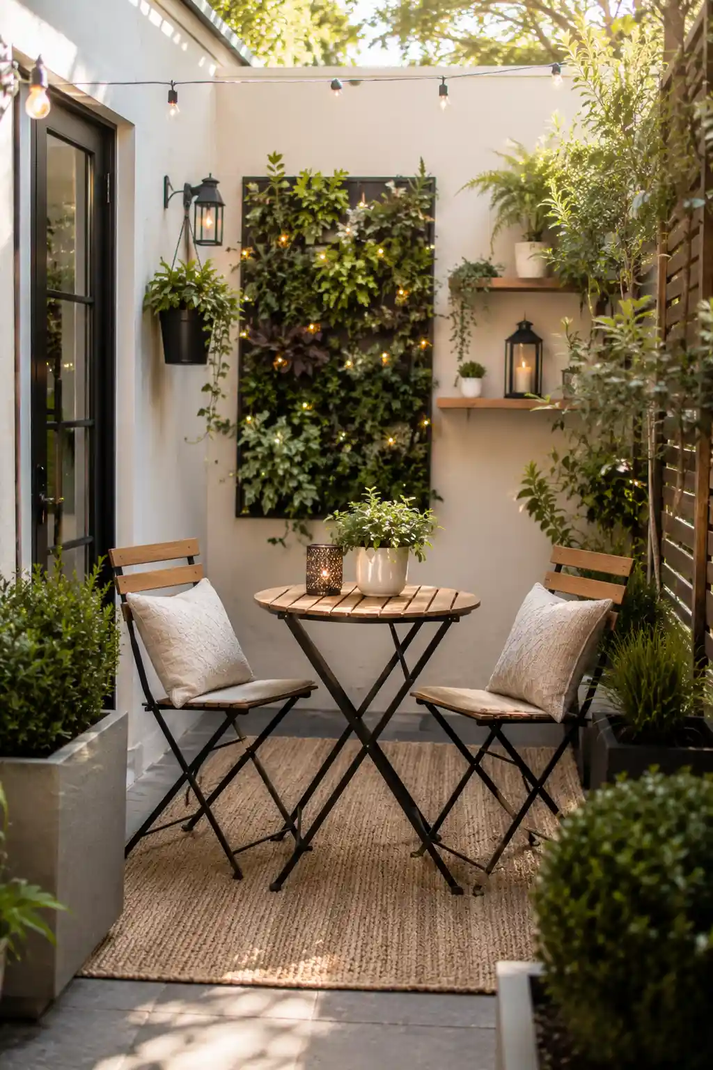 Stylish small backyard patio with cozy furniture and plants