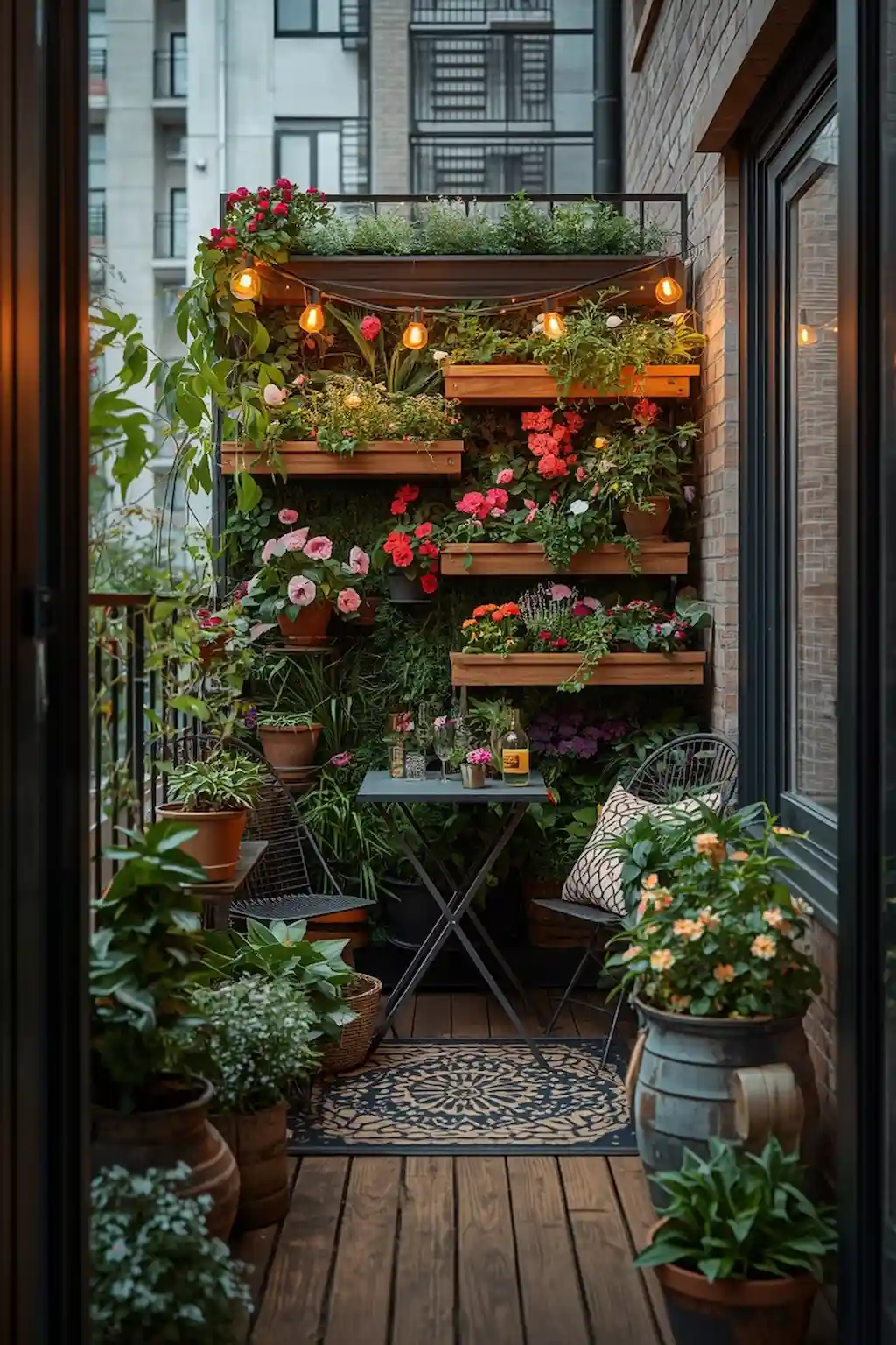 Cozy balcony garden with spring planters and greenery