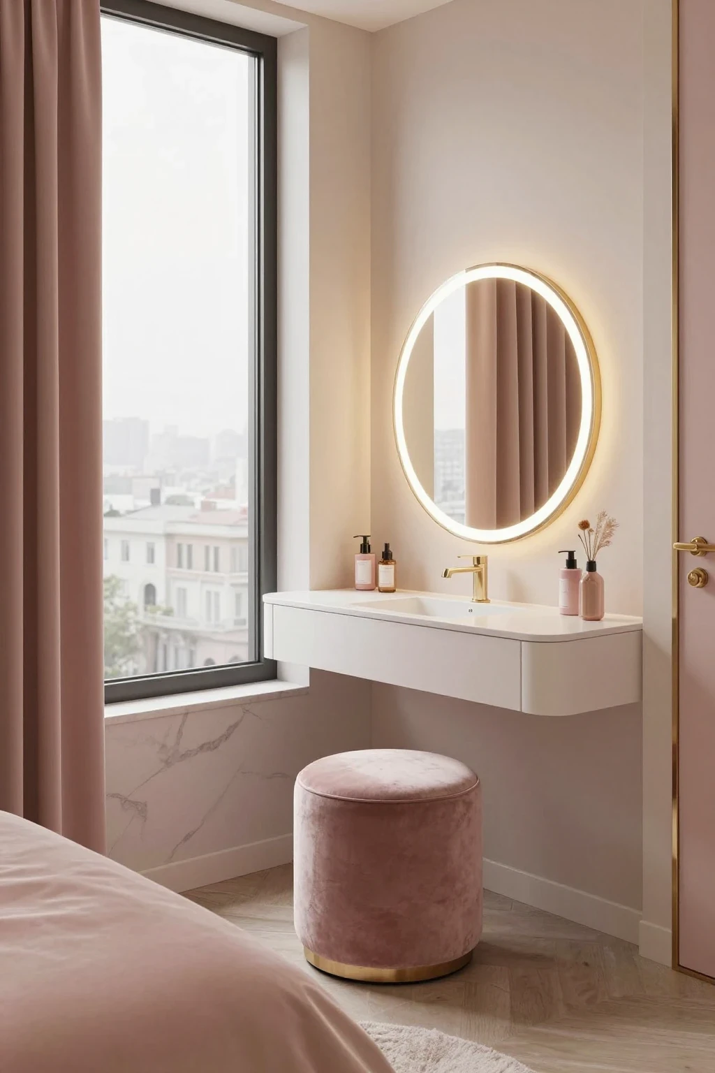 Cozy bedroom vanity setup with round mirror and soft lighting