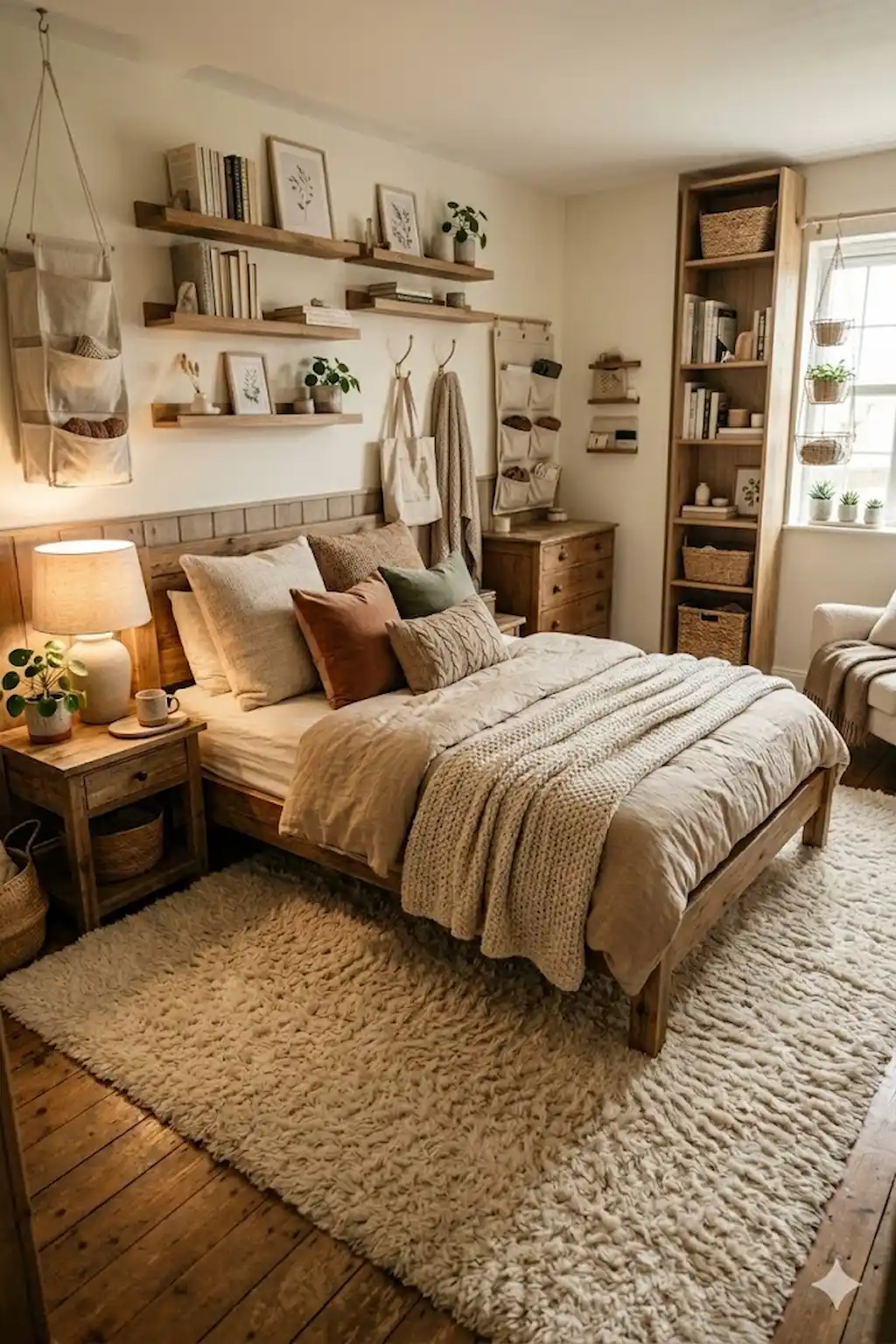 Small bedroom with vertical storage shelves and cozy organized decor.