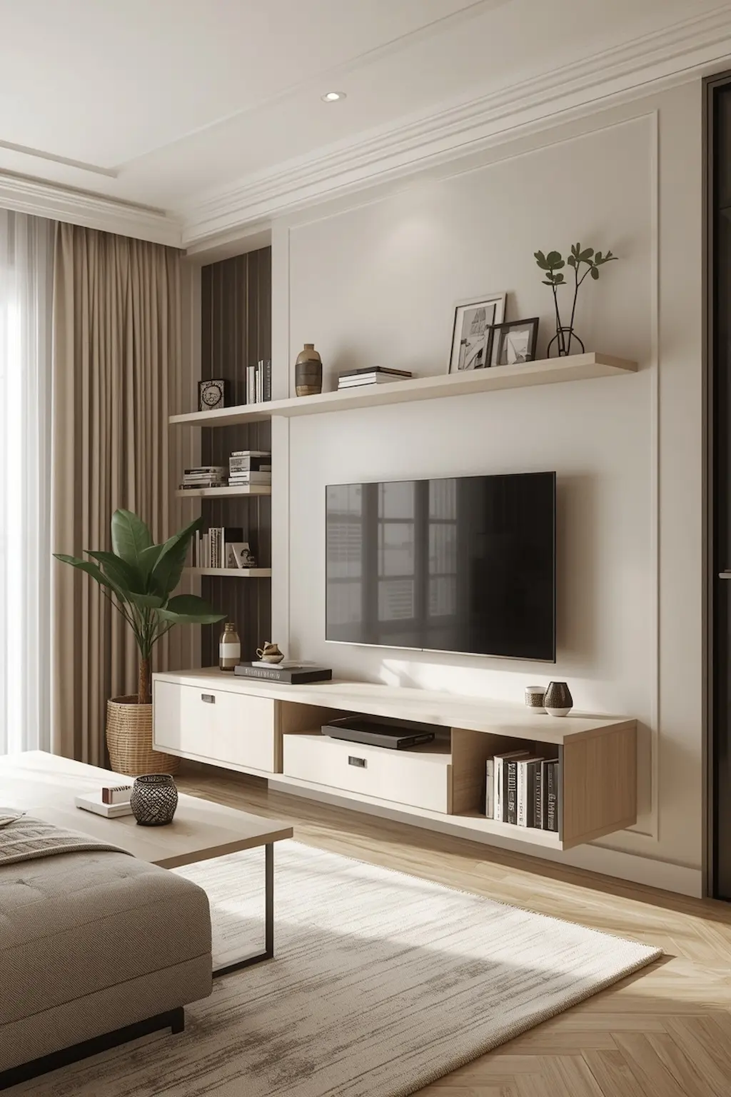 Compact TV cabinet design for small living rooms with smart storage