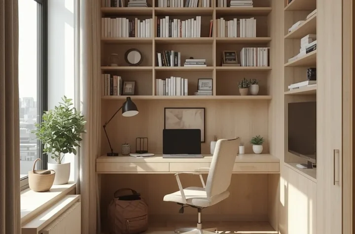 Stylish small apartment study room featuring multiple space-saving workspace ideas including floating desk, window desk, built-in shelves, and modern minimalist furniture