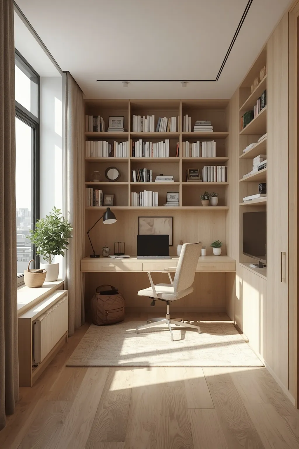 Stylish small apartment study room featuring multiple space-saving workspace ideas including floating desk, window desk, built-in shelves, and modern minimalist furniture