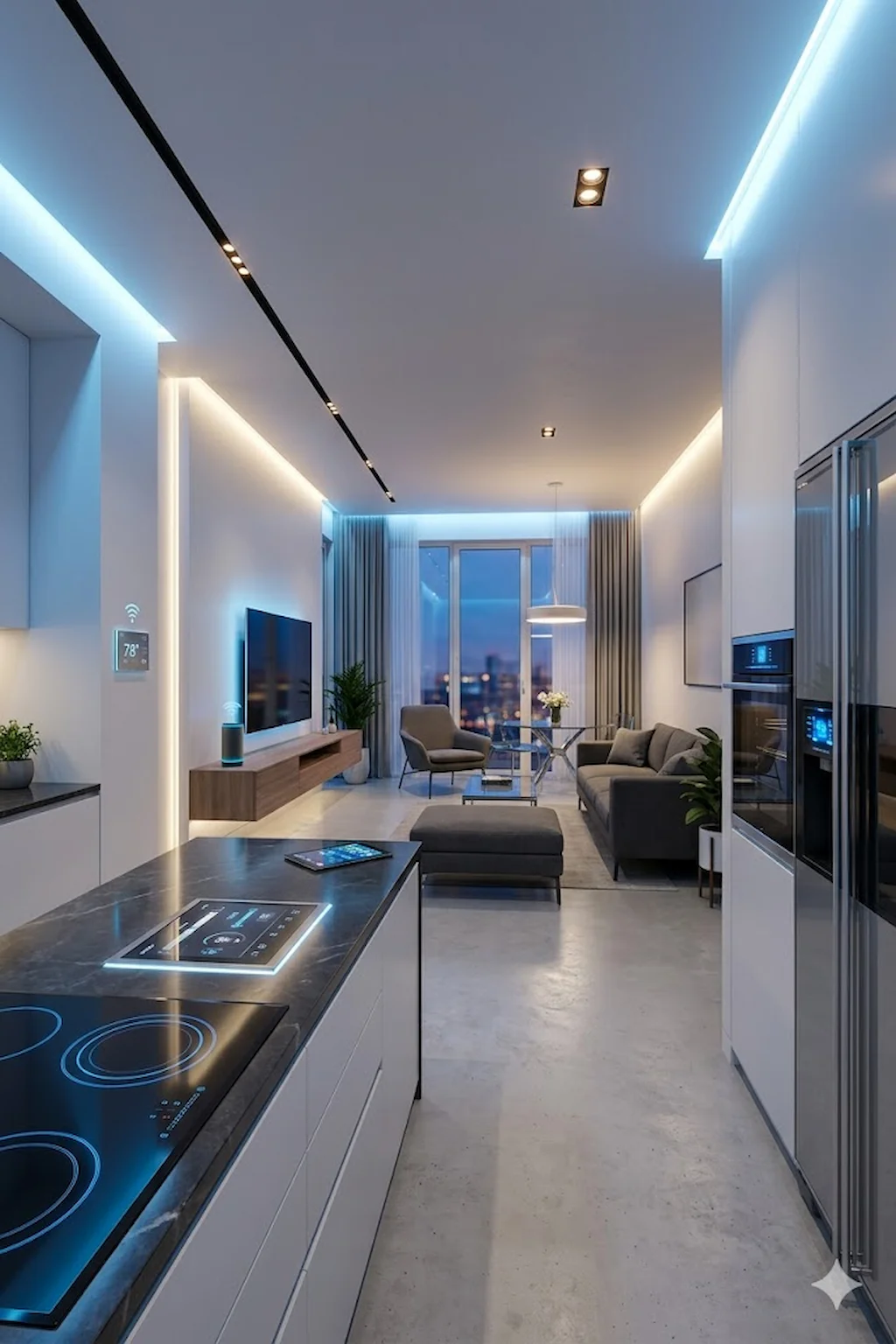 Modern smart apartment interior with automated lighting and sleek technology