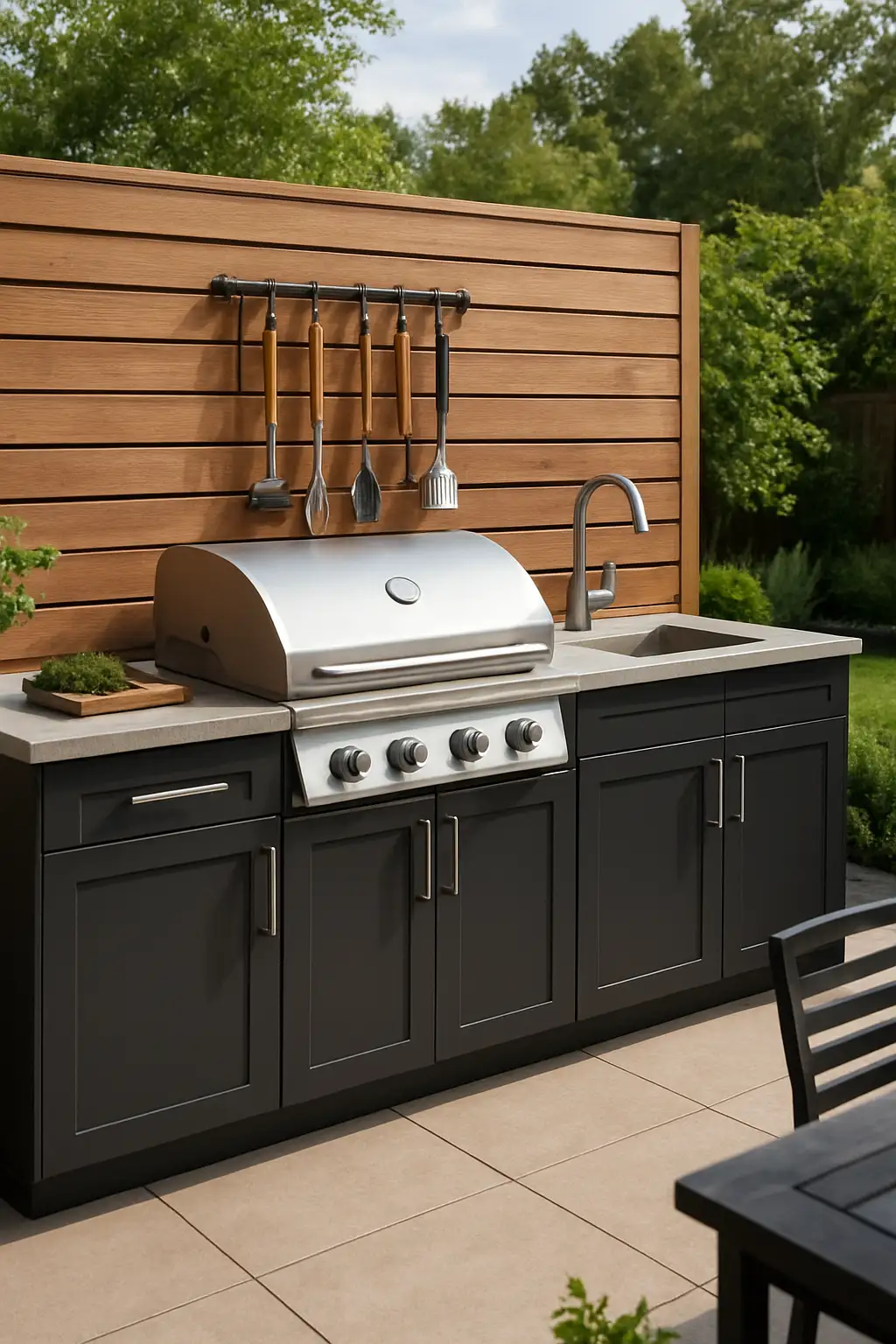 Outdoor BBQ station with built-in cabinets and organized storage space