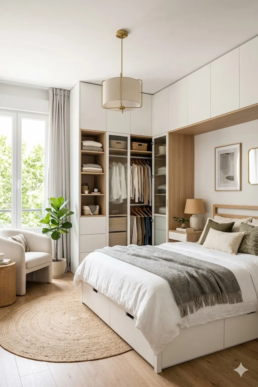 Small bedroom with efficient corner wardrobe solution