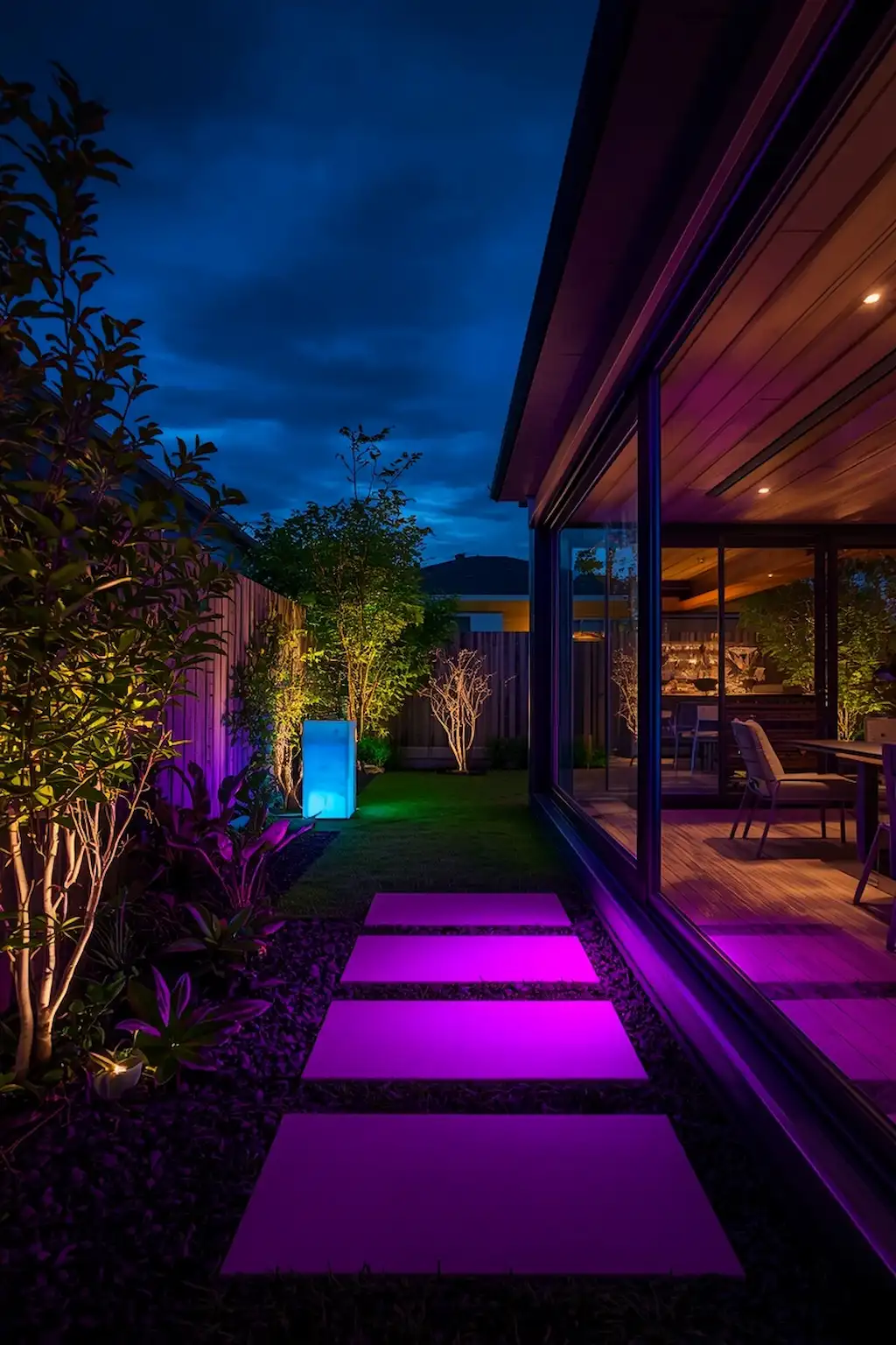 Garden illuminated with customizable smart LED lighting in various colors