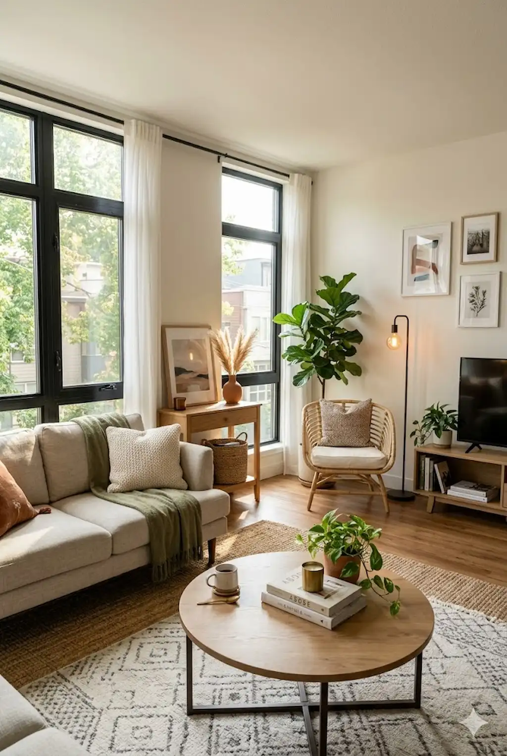 Cozy budget-friendly living room with rearranged furniture layout, neutral sofa near window, modern coffee table, warm natural lighting and stylish decor