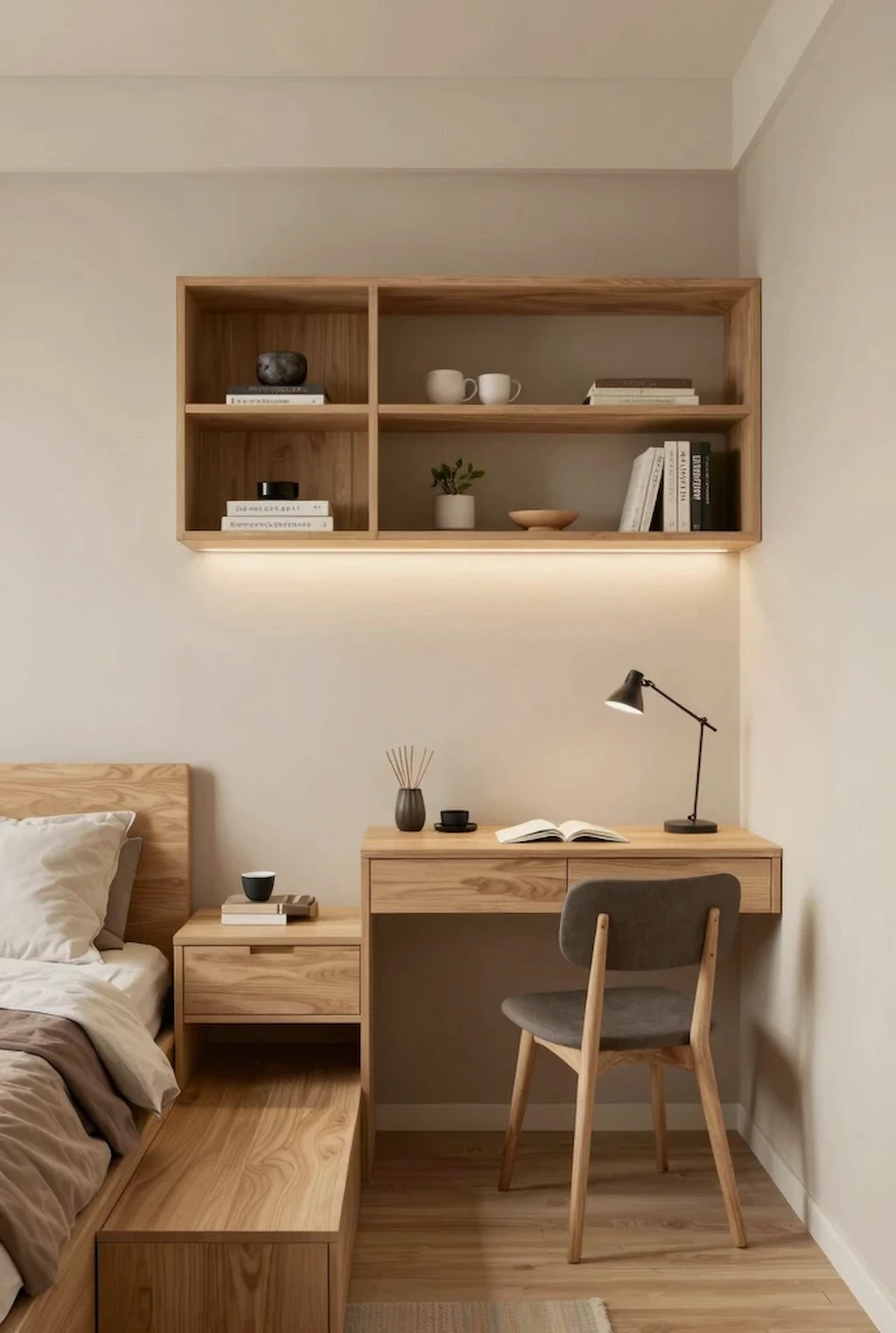 Small bedroom with smart space-saving furniture and warm cozy decor.