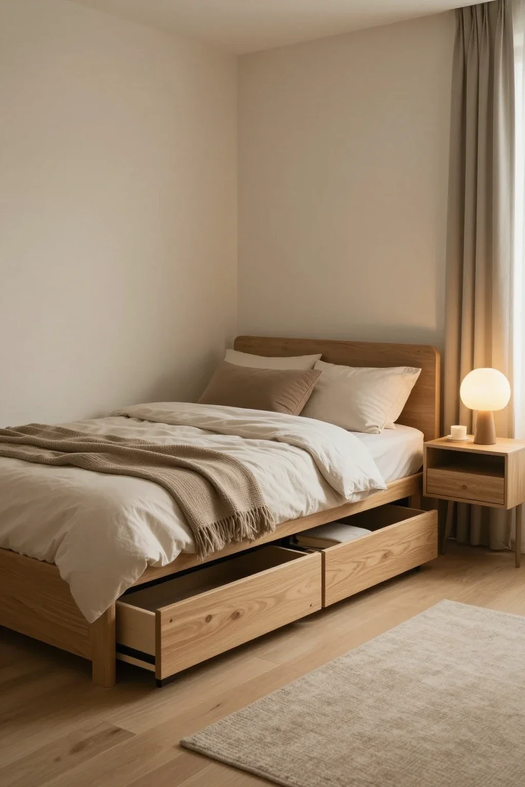 Organized cozy bedroom with hidden storage and minimalist decor