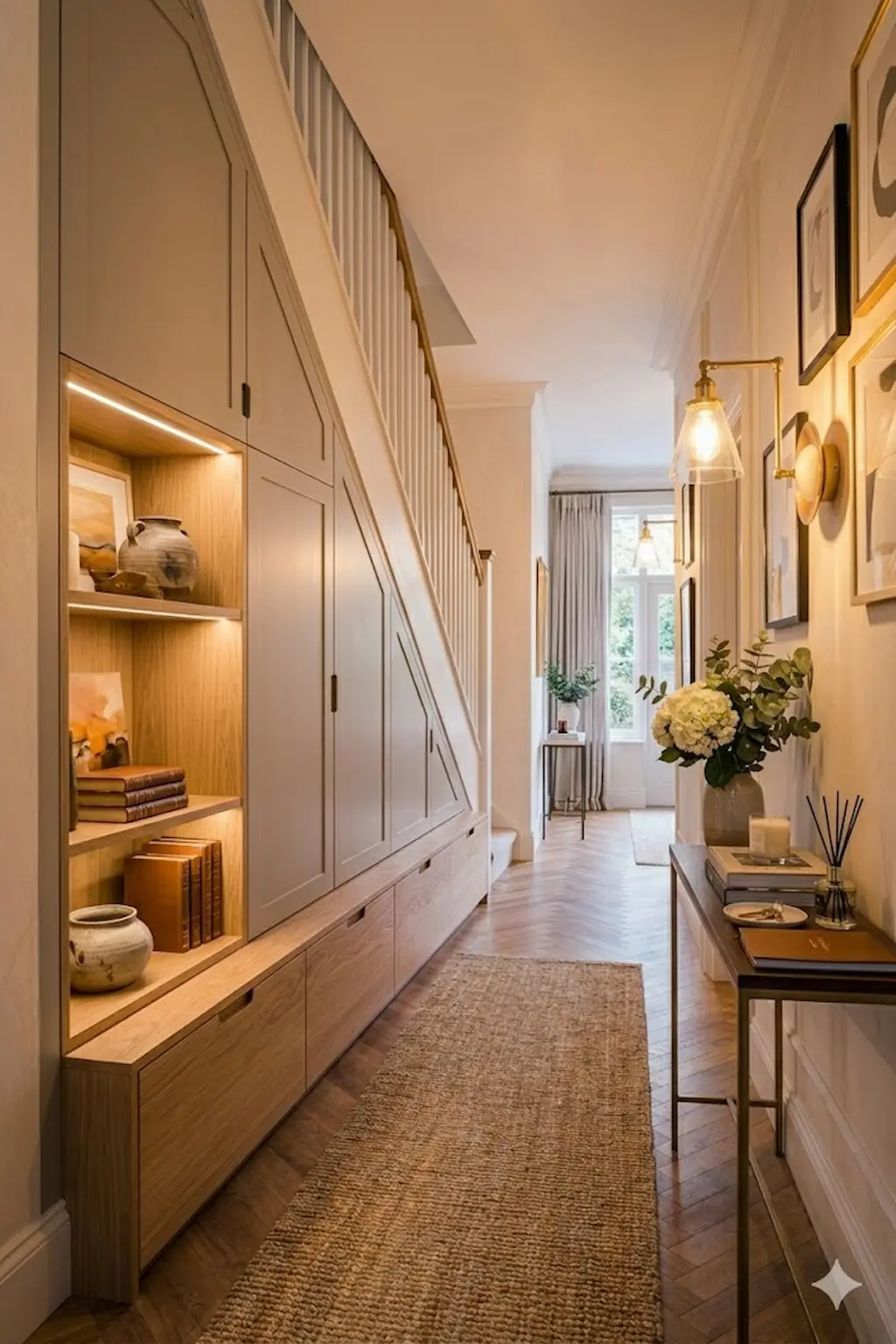 Hallway with built-in under-stair storage cabinets