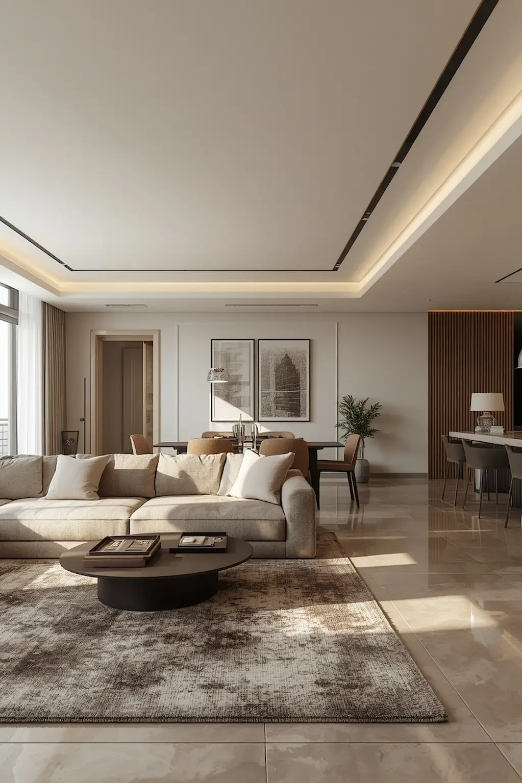 open-plan living room with sofa used as natural divider between spaces