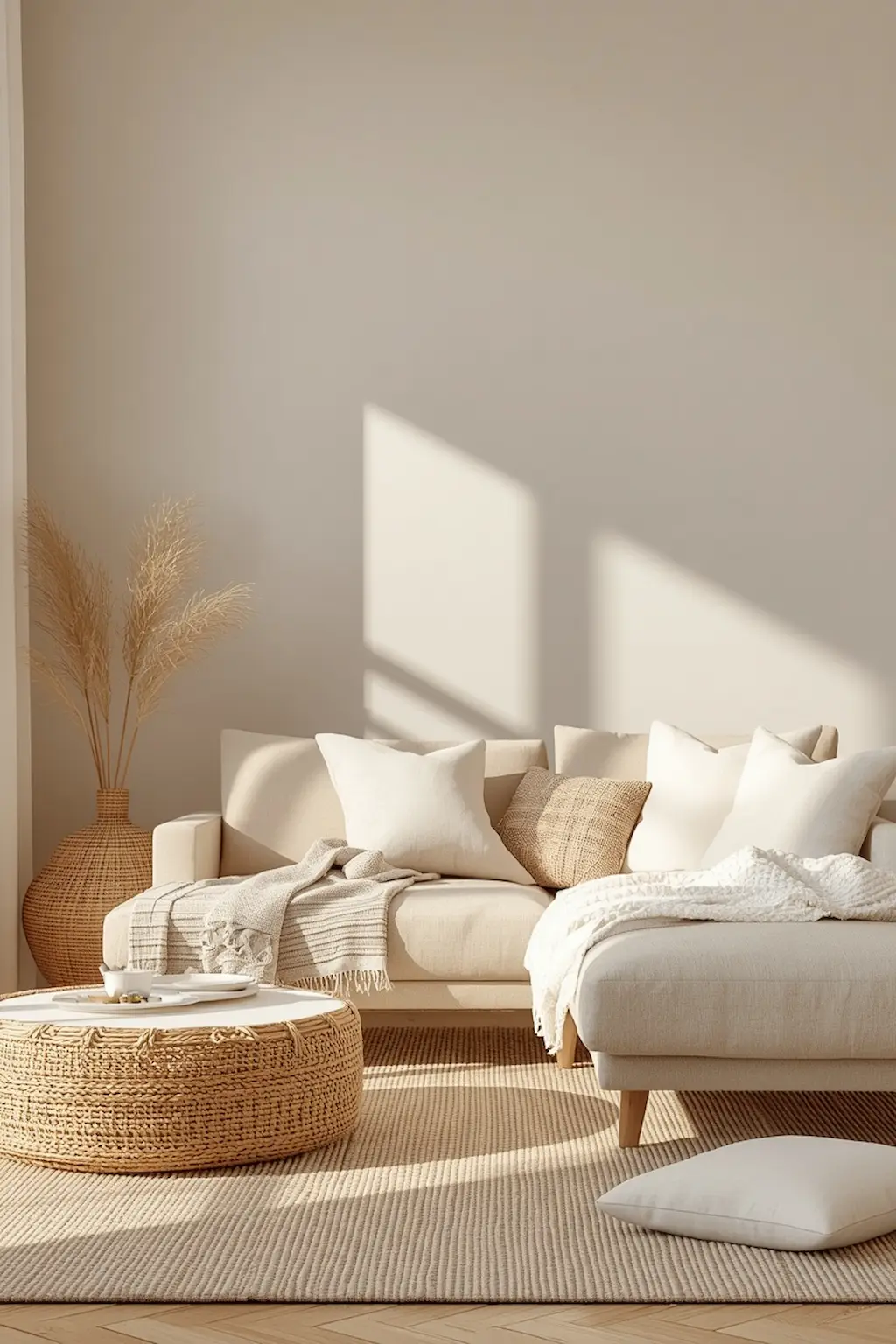 Soft beige minimalist living room with warm neutral decor