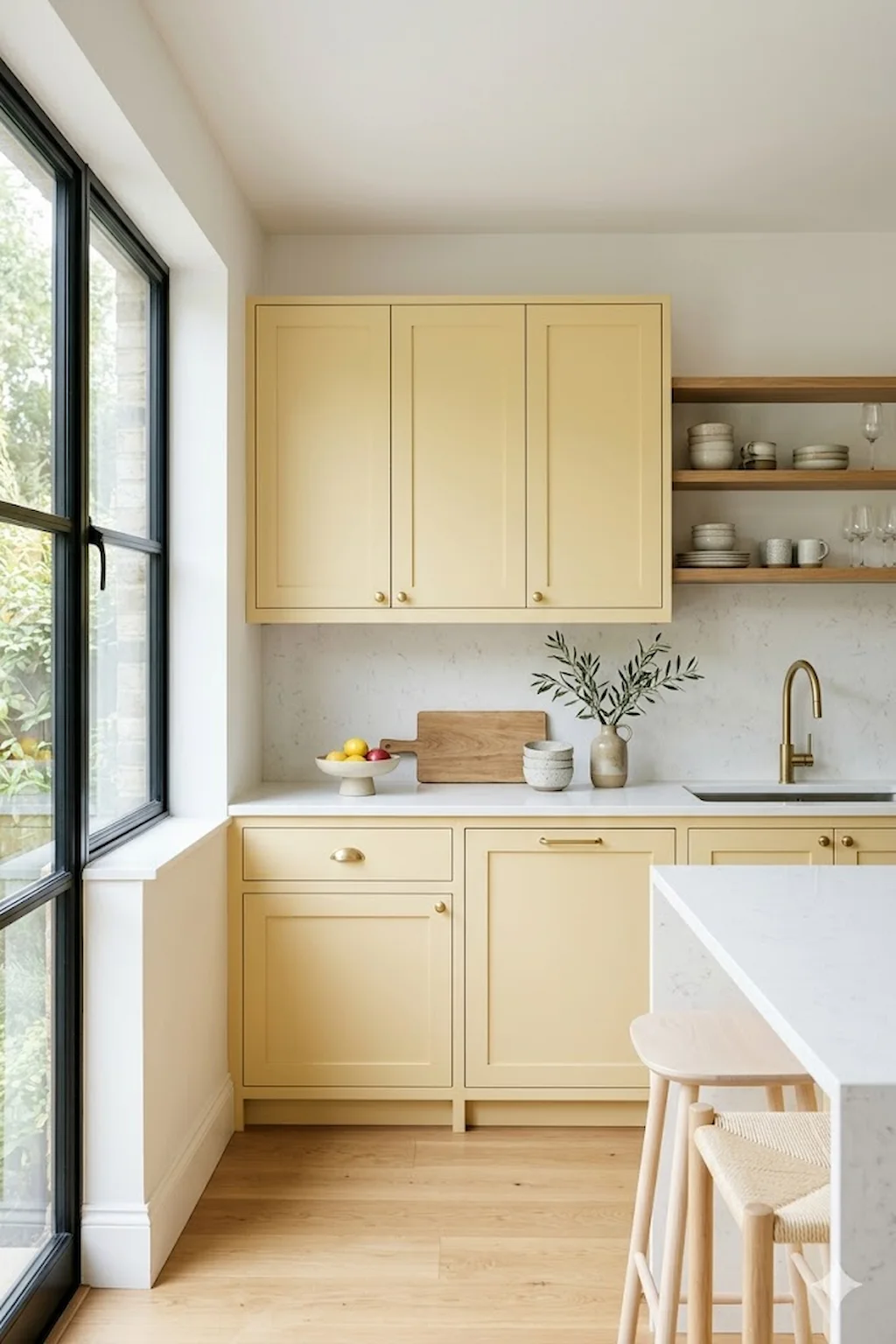 Soft butter yellow kitchen cabinets with white countertops and bright minimalist interior