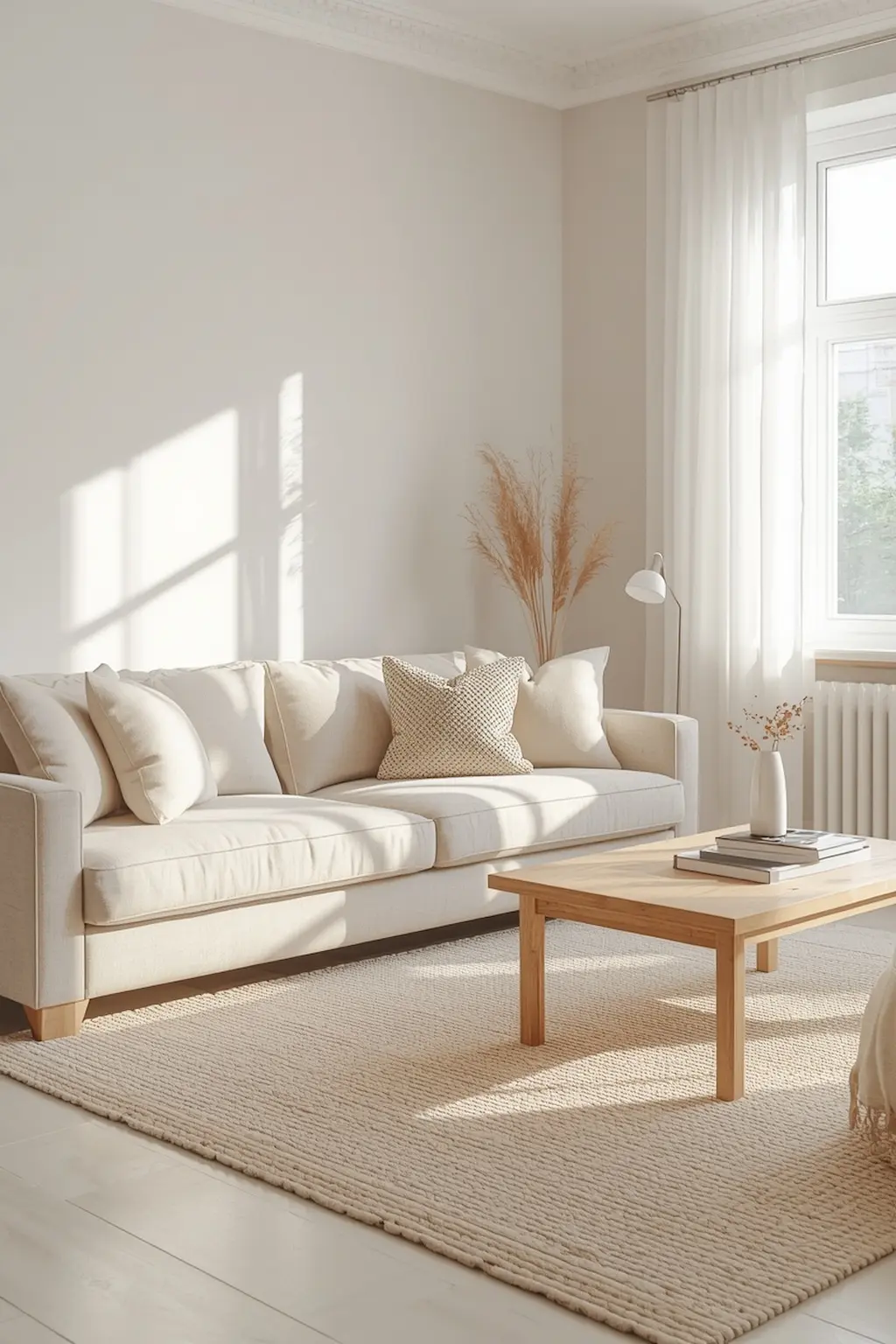 Soft grey living room with warm white decor and cozy neutral styling
