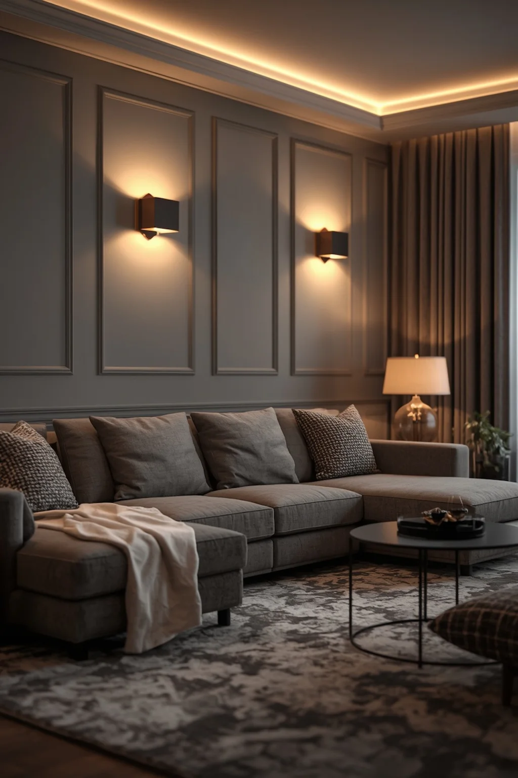Cozy grey living room with warm layered lighting and elegant neutral decor