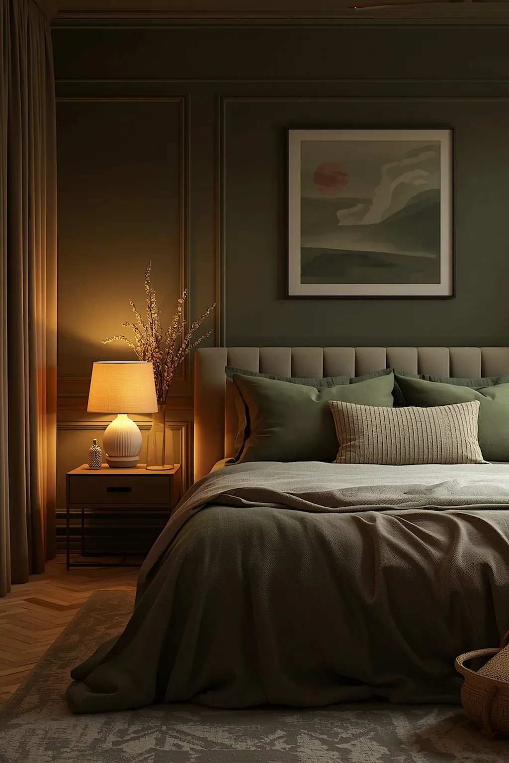 Olive green bedroom with soft warm lighting and cozy atmosphere
