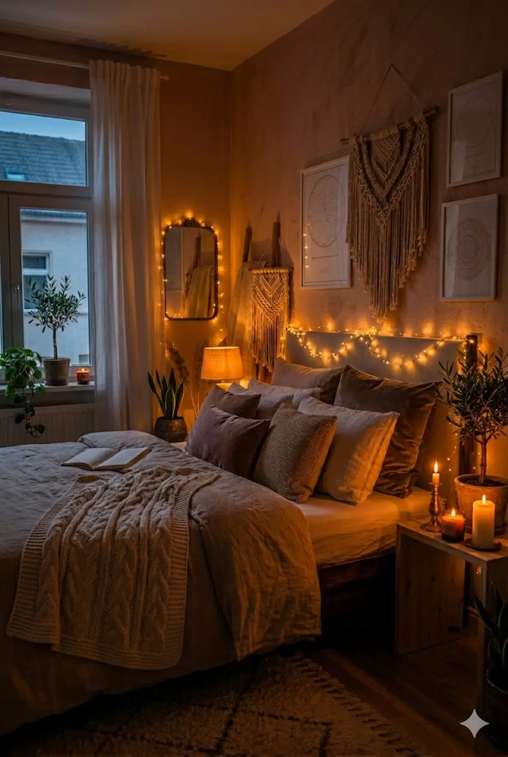 small romantic bedroom with warm lighting and fairy lights