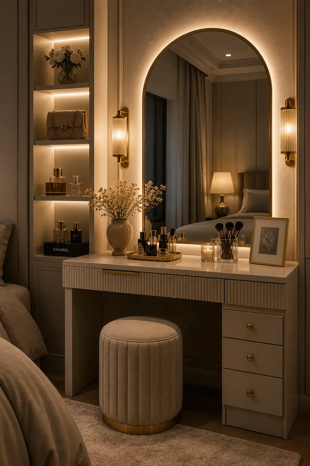 Vanity setup with warm ambient lighting