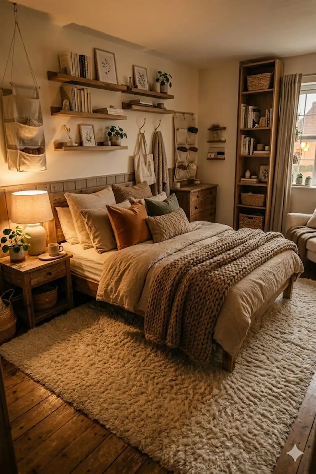 Cozy bedroom with layered neutral bedding and luxurious soft textures.