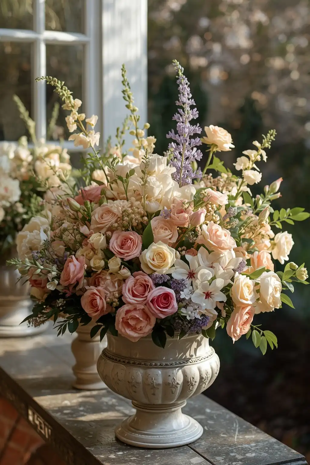 Pastel spring flowers in elegant planters with soft seasonal decor