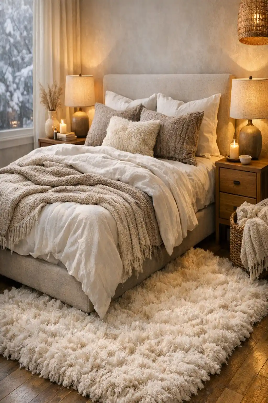 Cozy bedroom with a plush shag rug, warm lighting, and soft layered bedding.