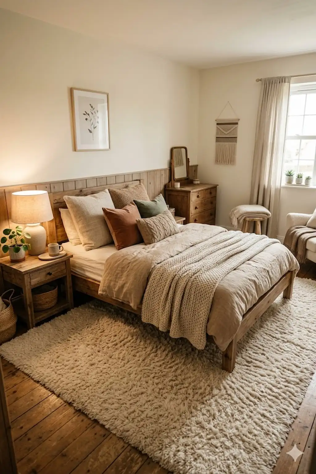 Small cozy bedroom with a plush shag rug and warm layered decor.