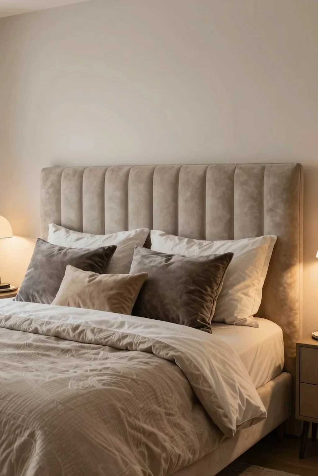 Small cozy bedroom with an upholstered headboard and layered soft bedding.