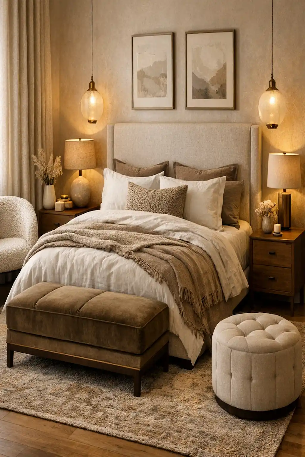 Elegant cozy bedroom with upholstered furniture, soft textures, and warm lighting.