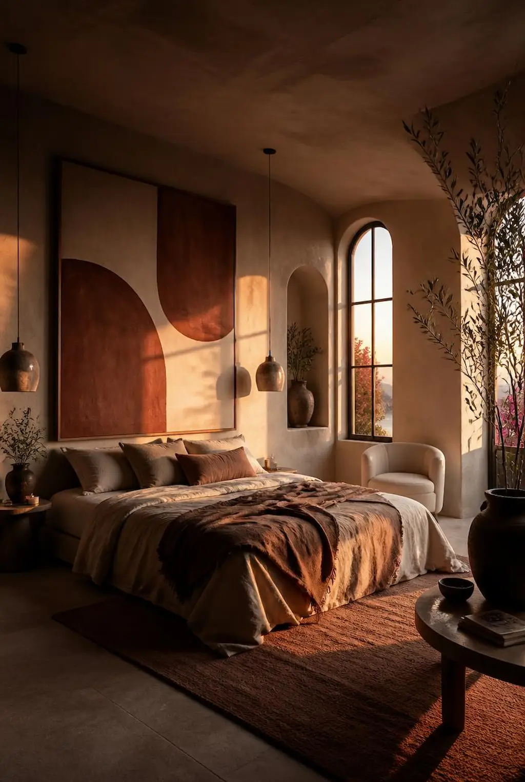 Cozy bedroom with abstract wall art and warm neutral decor