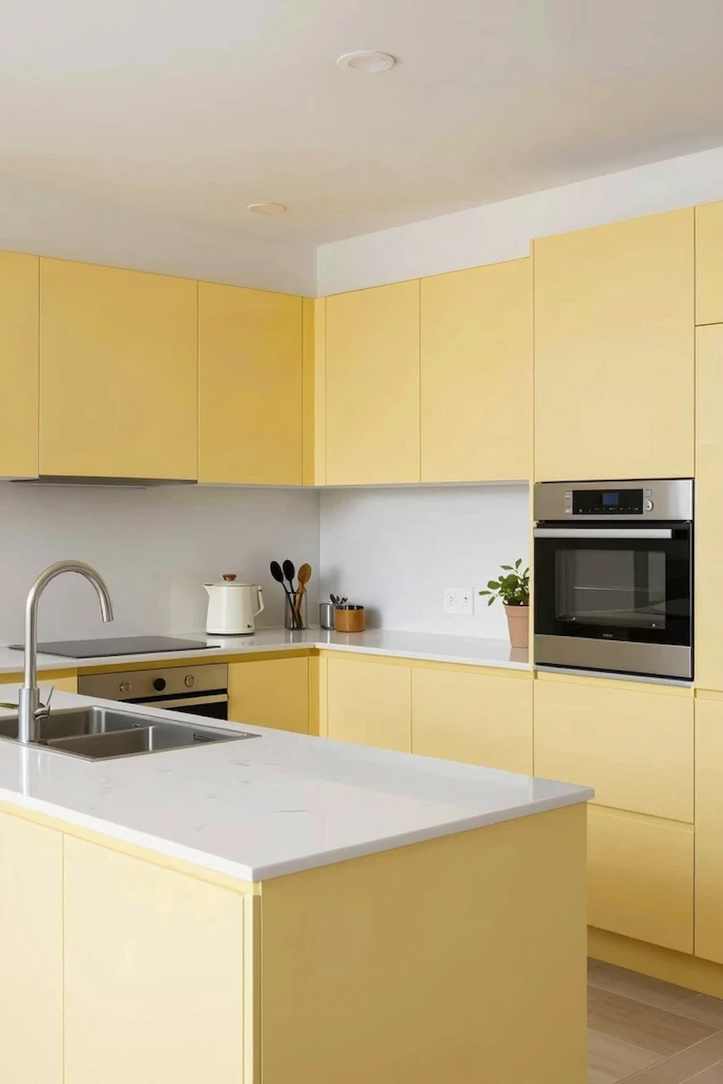 Contemporary kitchen with soft yellow cabinets and bright quartz countertops