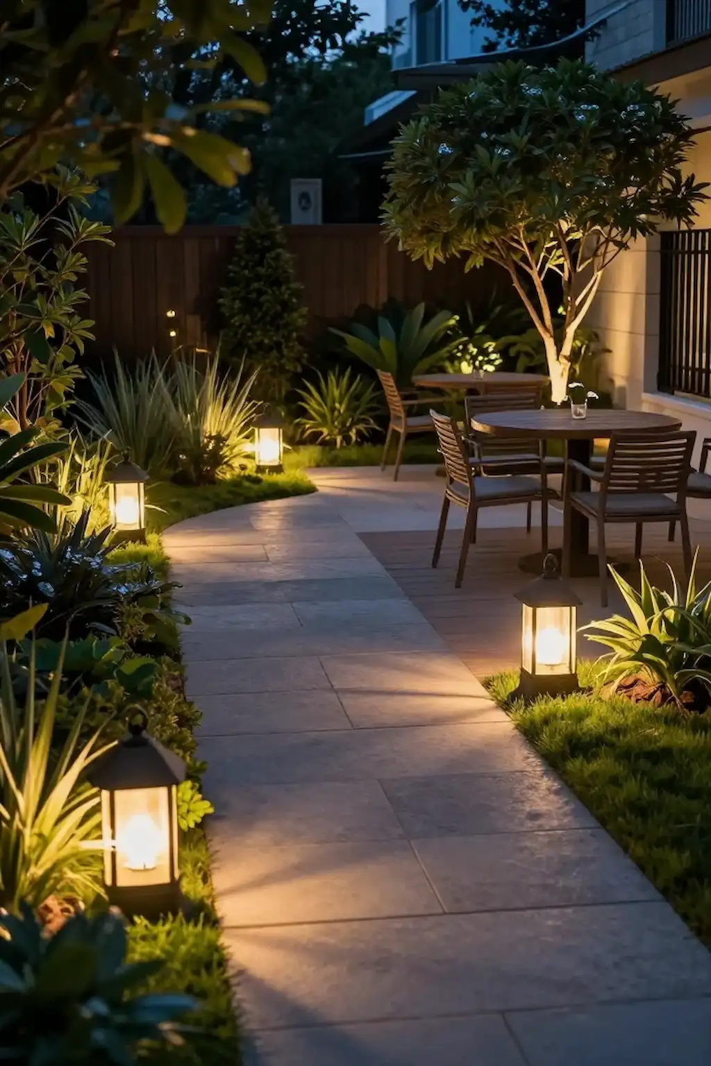 Beautifully lit garden featuring layered lighting and a balanced nighttime atmosphere